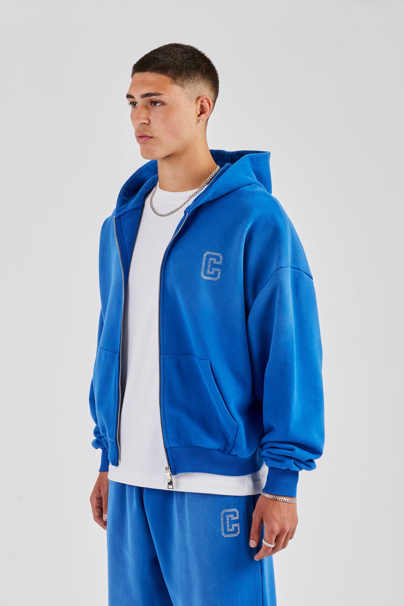 Washed Rhinestone C Zip Through Hoodie - Washed Blue
